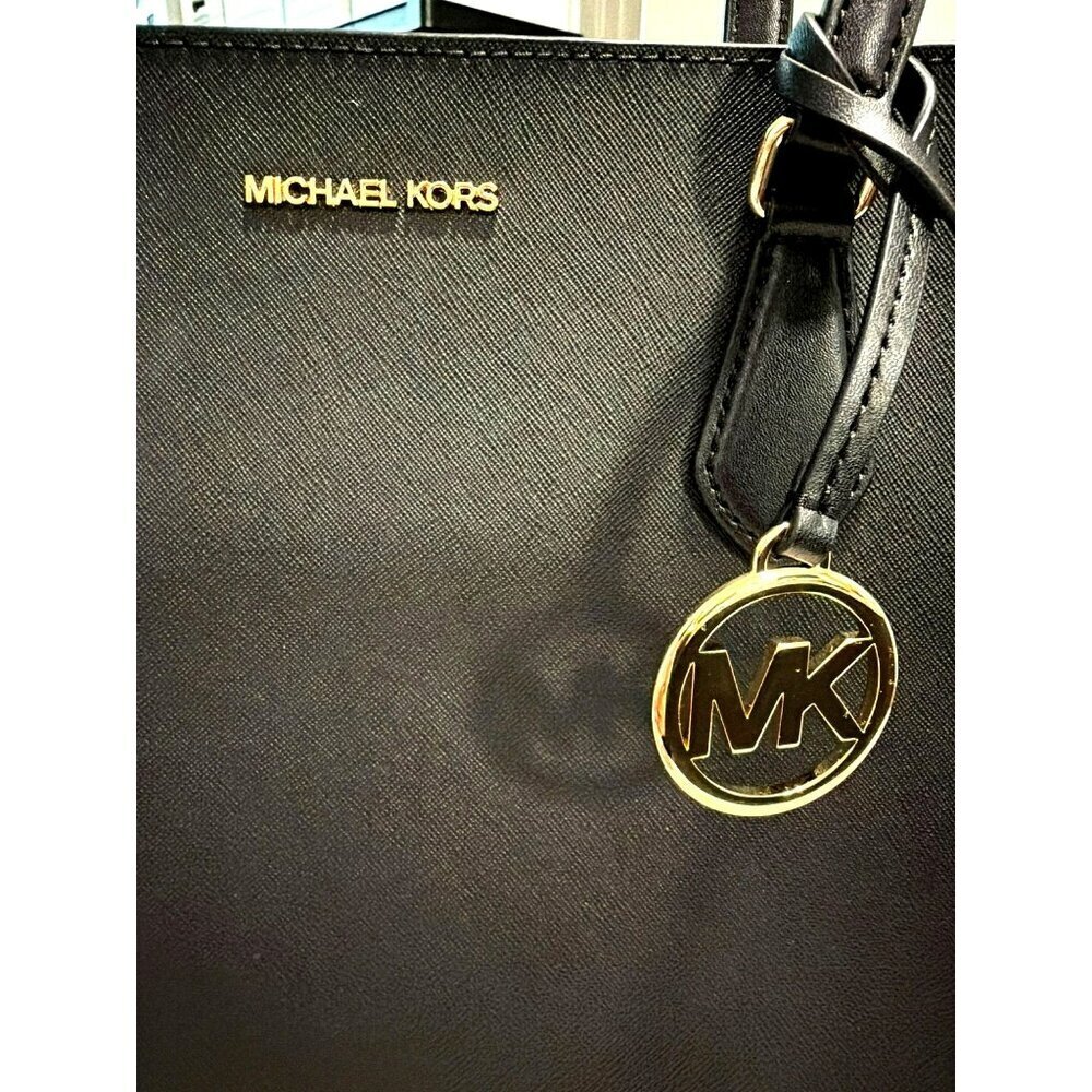 Michael Kors Black Saffiano Leather Tote Gold Hardware MK Logo Charm NWT - Picture 2 of 11